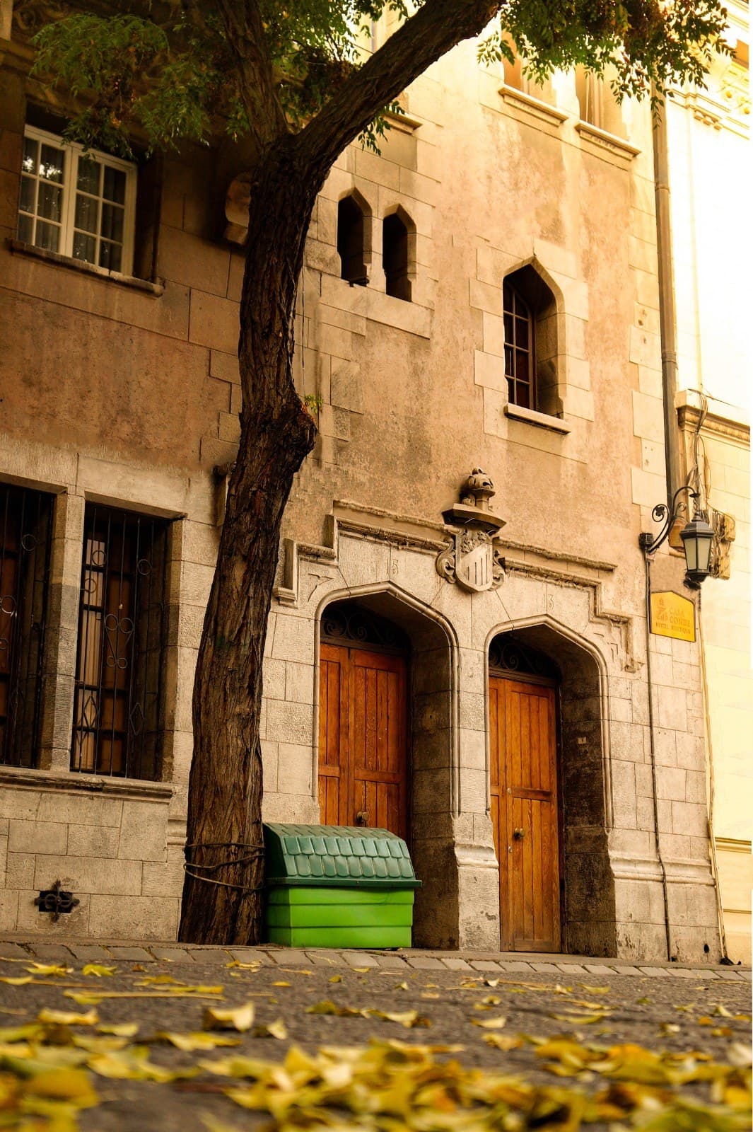 Casa Conde's stone doorways beneath a tree in autumn